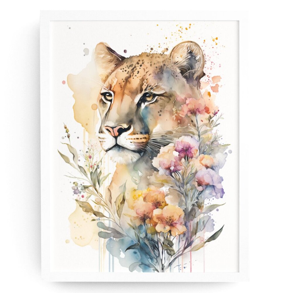 Cute Floral Lioness Watercolor Wall Art Illustration Print Poster Card Unframed